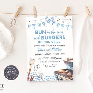 Bun in the Oven Burgers on the Grill Invitation for Boy Baby Shower Cookout Boy Baby-Q Shower Boy Baby Sprinkle in Blue Gingham Digital