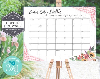 Pink Baby-Q Calendar Sign, Guess Baby Girl's Birth Date Sign, BBQ Baby Shower Sign, Coed Baby Shower Sign, Printable Sign Corjl, BQP