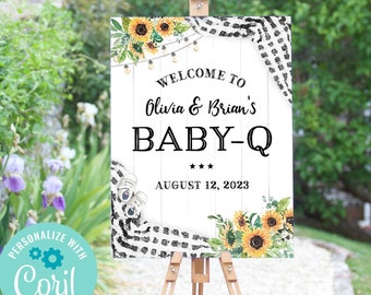 Czarno-biały napis powitalny Baby-Q, napis na grilla na baby shower, plakat na baby shower neutralny płciowo, piknik na baby shower, do druku, zrób to sam, grill