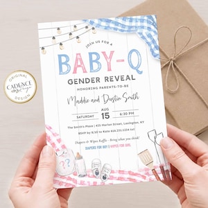Baby-Q Gender Reveal Invitation, BBQ Gender Reveal Invite, Couples Baby Shower, He or She Reveal, Pink and Blue, Editable Corjl
