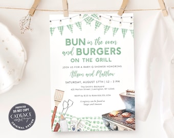 Green Baby-Q Shower Invitation Gender Neutral BBQ Baby Shower Invite with Green Gingham Bun in the Oven Backyard Baby Shower Invite Digital