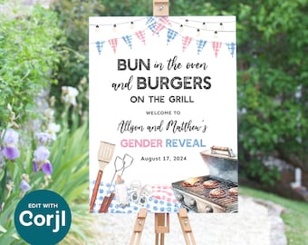 Gender Reveal Welcome Sign, Gender Reveal Poster, Gender Reveal Baby-Q, Bun in the Oven Burgers on the Grill Sign, Printable Sign Template