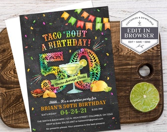 50th Birthday Party Invitation, 50th Birthday Fiesta Invite, Surprise 50th Birthday, 50th Birthday Party Invite, DIY, Printable, Corjl, A24