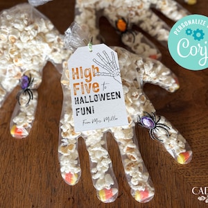 Etiquetas de Halloween, etiquetas de regalo de Halloween imprimibles, guante de palomitas de maíz de Halloween con forma de mano de esqueleto, etiqueta de regalo de Halloween única, aula, bricolaje, EDITABLE
