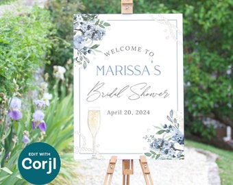 Pearls Petals and Prosecco Bridal Shower Welcome Sign with Dusty Blue, Prosecco and Pearls Welcome Poster, Large sign, editable Corjl 3P