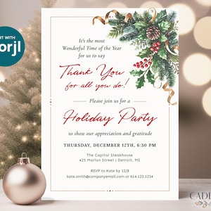 May include: A white holiday party invitation with a gold border and a watercolour illustration of holly, pine branches, and a pine cone. The text reads "It's the most Wonderful Time of the Year for us to say Thank You for all you do! Please join us for a Holiday Party to show our appreciation and gratitude THURSDAY, DECEMBER 12TH, 6:30 PM The Capital Steakhouse 425 Marion Street | Detroit, MI RSVP to Kate by 12/8 kate.smith@companyemail.com or 614.123.1234"