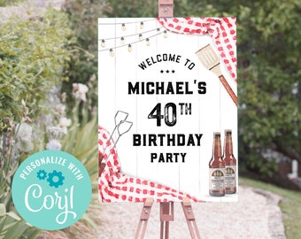 Panneau de bienvenue pour barbecue d'anniversaire, panneau pour barbecue et bières, affiche du 30e 40e, 50e, 60e, 70e anniversaire, signe de barbecue d'anniversaire, imprimable DIY Corjl BQ2