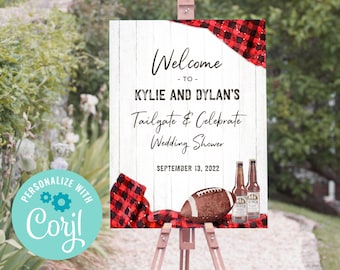 Football Party Welcome Sign, Tailgate Welcome Sign, Buffalo Plaid Coed Shower Welcome Poster, Fall Couples Shower Sign, Printable, Corjl, BP