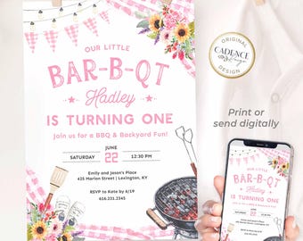 First Birthday BBQ Invitation, 1st Birthday Girl, BBQ Party Text Invite, 1st Birthday Picnic, Pink Gingham, Backyard Cookout, Printable