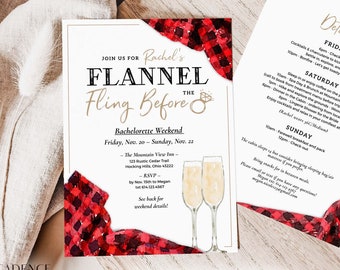 Flannel Fling Bachelorette Party Invitation, Plaid Bachelorette Invite, Buffalo Plaid Bachelorette, Cabin, Glamping, Printable Corjl, P9, BP