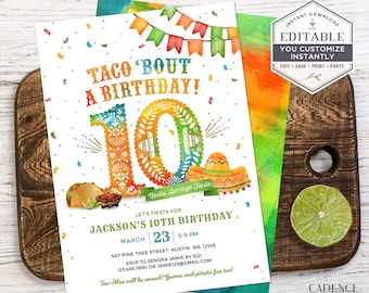 10th Birthday Invitation, 10th Birthday Fiesta Invite, Taco Birthday Party Invite, Mexican Themed Party Invitation, Printable, Corjl, A24