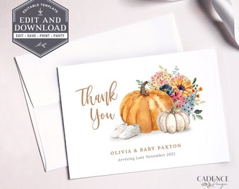 Little Pumpkin Thank You Notes, Baby Shower Thank You Notes, Fall Pumpkin Thank You's, Gender Neutral Baby, EDITABLE, Printable, Corjl