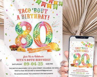 80th Birthday Party Invitation, Eighty, 80th Surprise Party Invitation, Taco Themed Party Invite, 80th Fiesta Invite DIY Corjl Printable A24