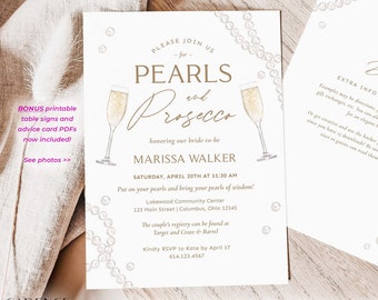 Pearls and Prosecco Bridal Shower Invitation for Prosecco and Pearls Wedding Shower Brunch and Bubbly with Gold, Digital, Printable Corjl