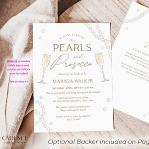 Pearls and Prosecco Bridal Shower Invitation for Prosecco and Pearls Wedding Shower Brunch and Bubbly with Gold, Digital, Printable Corjl