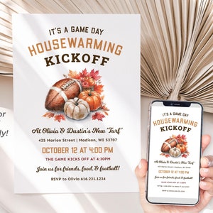 May include: A housewarming party invitation with a football and pumpkins. The invitation reads "It's a game day housewarming kickoff" and includes the date and time of the party. The invitation is printed on a white background with a brown border.