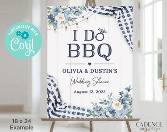 Dusty Blue I Do BBQ Welcome Sign, I Do BBQ Welcome Poster, blue bbq shower, Coed bbq shower with blue flowers, Printable Sign, Corjl, BQDB