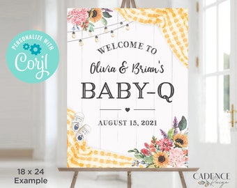 Żółty znak powitalny BabyQ, znak na baby-Q, znak na baby shower z grillem, neutralny plakat na baby shower, znak na baby shower dla kobiet i mężczyzn, do druku, zrób to sam, BQY