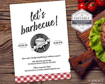 Puede incluir: Una invitación imprimible para una barbacoa. La invitación es blanca con texto negro y una ilustración en blanco y negro de una parrilla con las palabras "Grillin' & Chillin'". La invitación dice "Let's Barbecue!" e incluye la fecha, la hora y la ubicación de la fiesta.