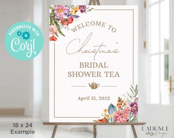 Bridal Shower Tea Welcome sign, Bridal Tea Sign, Welcome to Bridal Shower Sign, with wildflowers, Bridal Tea Party Sign, Editable, Corjl, W3