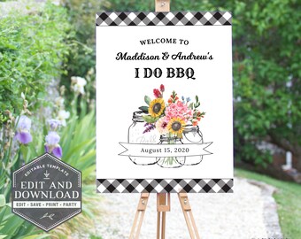 I Do BBQ Sign, Mason jars welcome sign, BBQ Welcome Sign, Couples shower welcome Sign, printable, editable, Corjl, M20