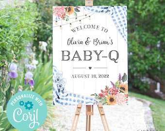 Jasnoniebieski znak powitalny BabyQ, znak na baby-Q shower, znak na grilla na baby shower, plakat powitalny, baby shower dla dzieci, edytowalny znak do druku Corjl BQB