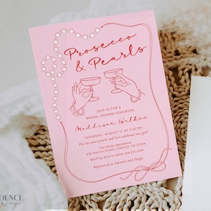 Modern Bridal Shower Invitation with Hand drawn Sketches for Prosecco and Pearls Bridal Shower Invitation in Pink and Red Invitation Digital