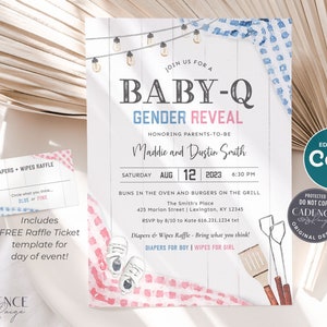 Puede incluir: Una invitaci&oacute;n a una fiesta de revelaci&oacute;n de g&eacute;nero con un fondo de acuarela azul y rosa. La invitaci&oacute;n presenta una parrilla, pinzas y una esp&aacute;tula. El texto de la invitaci&oacute;n dice "Join us for a Baby-Q Gender Reveal" y "Honoring Parents-to-be Maddie and Dustin Smith".