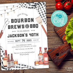 Bourbon Birthday Invitation, Bourbon Brews and BBQ, BBQ Birthday Party for Him Invite, 30th, 35th, 40th, 50th, 60th, Printable, Corjl