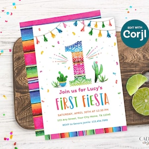 First Birthday Party Invitation for First Fiesta Invitation for 1st Birthday Fiesta Themed Birthday Invite to Send Digitally DIY Printable zdjęcie 1