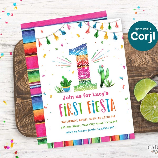 First Birthday Party Invitation for First Fiesta Invitation for 1st Birthday Fiesta Themed Birthday Invite to Send Digitally DIY Printable