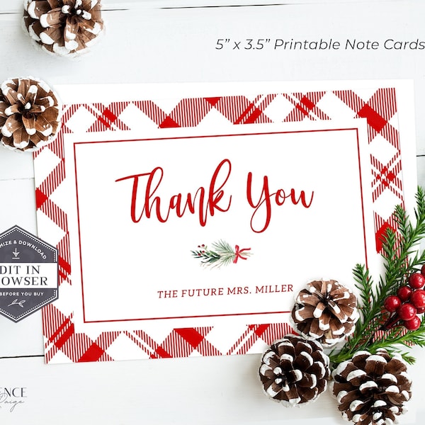 Christmas Bridal Shower Thank You Notes, Holiday Thank You Notes, Holiday Plaid Thank You's, Christmas Bride, EDITABLE Printable, Corjl, RPB