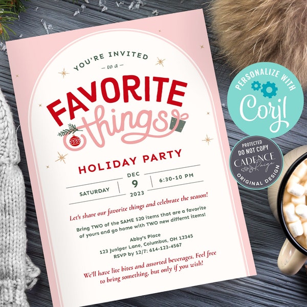 Pink Favorite Things Party Invitation, Favorite Things Holiday Party Invite, Girls Gift Exchange Holiday Brunch, Phone Digital Printable DIY