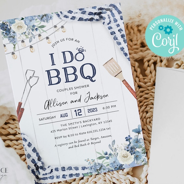 Blue I Do BBQ Invitation, Dusty Blue and Navy Couples Shower Invitation, bbq rehearsal dinner invitation, Blue Shower Invite, Printable BQDB