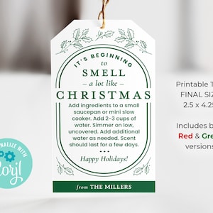 May include: Printable Christmas gift tag with green holly border and the text "It's beginning to smell like Christmas". The tag includes instructions for making a Christmas scent and the text "Happy Holidays!" and "from The Millers". The tag is 2.5 inches by 4.25 inches.