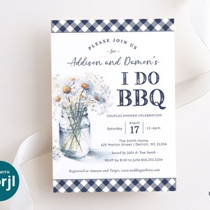 I Do BBQ shower invitation featuring navy gingham and a watercolor mason jar filled with daisies. The invitation is perfect for a summer picnic or backyard I Do BBQ celebration.