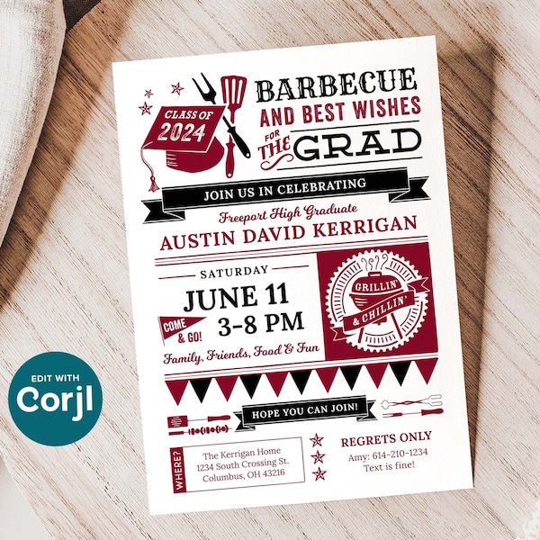 BBQ Graduation Party Invite, BBQ Grad Party Invitation, Black and Burgundy, Backyard Grad Party, Grad Party Text Invite, Printable Corjl, G2