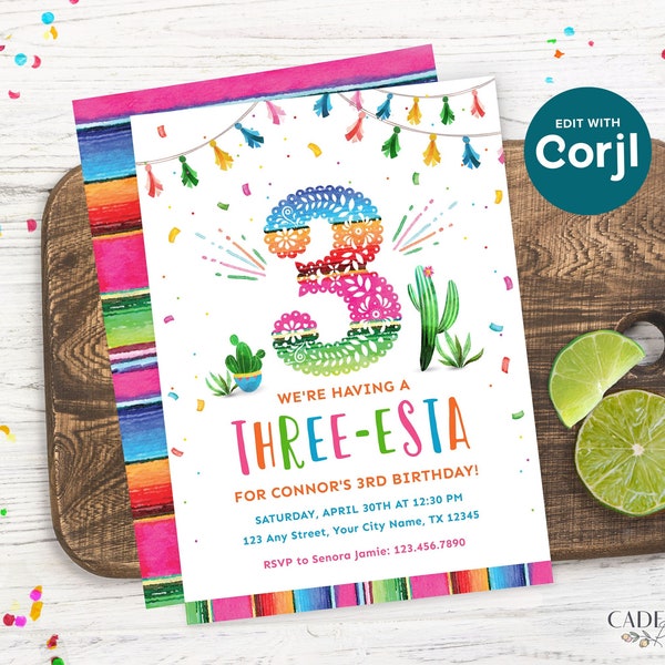 3rd Birthday Party Invitation for 3rd Birthday Fiesta Birthday Invite for Three-esta 3rd Birthday Invitation to Send Digitally DIY Printable