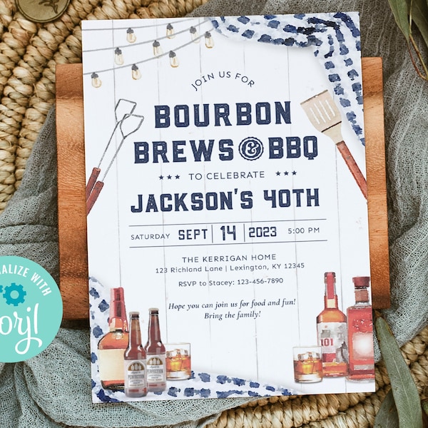 Bourbon Birthday Invitation, Bourbon Brews and BBQ, Navy BBQ Birthday Party for Him Invite, 30th, 35th, 40th, 50th, 60th, Printable, Corjl