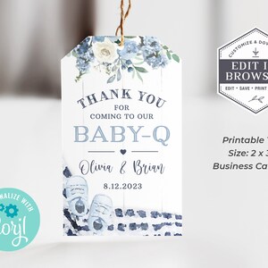 Blue Baby-Q Favor Tags, BBQ Baby Shower Favors in Blue, Printable BabyQ Tags, Baby Shower Barbecue, Baby Boy Favor Tags EDITABLE Corjl BQDB