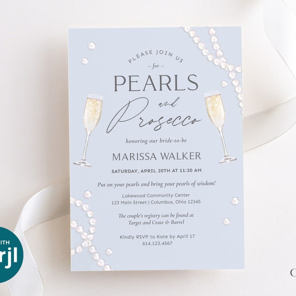 Blue Pearls and Prosecco Bridal Shower Invitation, Blue Bridal Shower Invite, Bubbly Brunch, Light Blue, Pearls, Dusty Blue, Printable Corjl