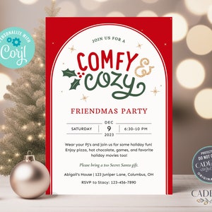 Bequeme und gemütliche Weihnachtsfeier-Einladung, Urlaub Pyjama-Party Einladung, Friendmas Urlaub Party einladen, bearbeitbar, Corjl Printable DIY