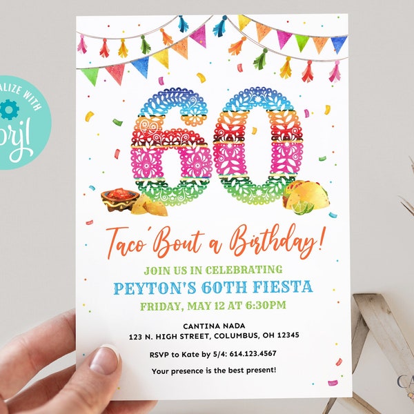60th Birthday Invitation Fiesta Theme, Taco Bout 60 Invitation, 60th Fiesta Invitation, Mexican Themed, Digital Invite, Printable, Corjl