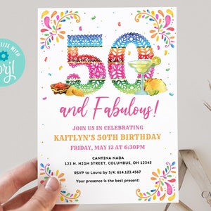 Plantilla de invitación para fiesta de cumpleaños número 50, invitación de 50 años y fabulosa, cumpleaños con temática mexicana de fiesta número 50, invitación digital, imprimible, Corjl