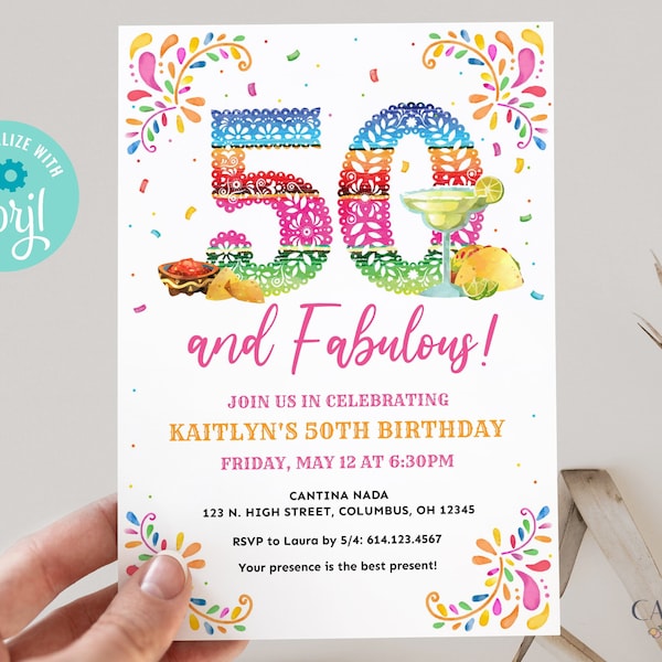 50th Birthday Invitation Fiesta Theme, 50 and Fabulous Invitation, 50th Fiesta Invitation, Mexican Themed, Digital Invite, Printable, Corjl