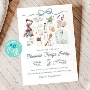 Favorite Things Party Invitation, Girls Gift Exchange Invitation, Girls Night In, Gift Swap Party, Get Together, with Blue, Printable, Corjl