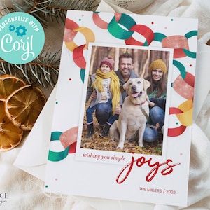 Cartão de Natal exclusivo, Cartão de foto de Natal, Cartão de foto de família alegre, Cartão de Natal fofo, Correntes de papel nostálgicas, Imprimível, Corjl, Editável