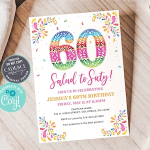 Digital 60th Birthday Invitation Fiesta Theme, Salud to 60 Invitation, 60th Fiesta Invitation, Mexican Themed Sixty Colorful Printable Corjl