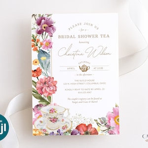 Bridal Shower Tea Invitation, Tea with the Bride-to-be Shower Invite, Tea Party Wedding Shower, with mixed flowers, Spring, Printable, W3