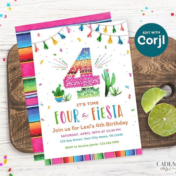 4th Birthday Party Invitation for 4th Birthday Fiesta Birthday Invite for four year old Birthday Invitation to Send Digitally DIY Printable